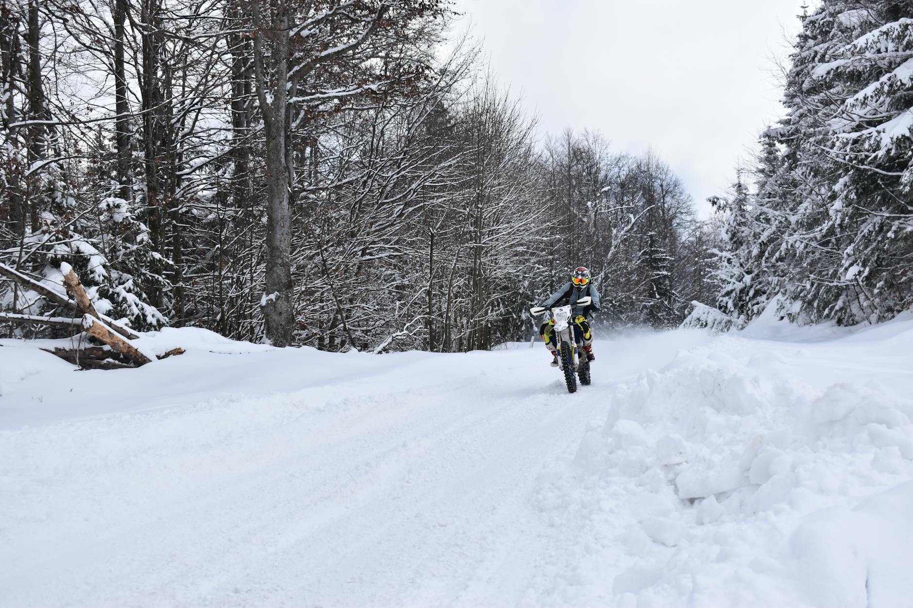 Rider wearing thermal gear in snowy conditions with clear helmet visor